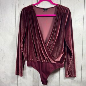 Express Velvet Wrap Bodysuit Burgundy Long Sleeve XS Holiday Night Out Elegant
